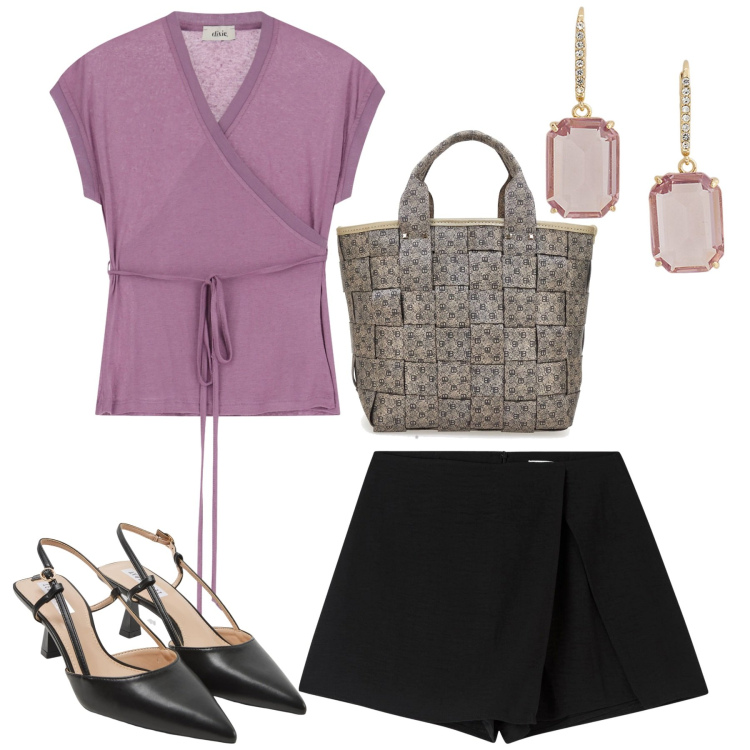 Outfit donna - Compleanno. Stile Chic per Serata fuori. Abbinamento con minigonne, sabot, top, orecchini, borse a mano.