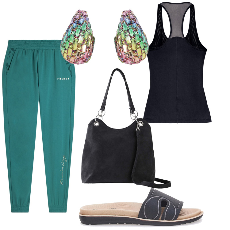 Outfit donna - Finalmente a casa. Stile Casual chic per Tutti i giorni. Abbinamento con borse a mano, pantaloni, orecchini, ciabatte, canottiere.