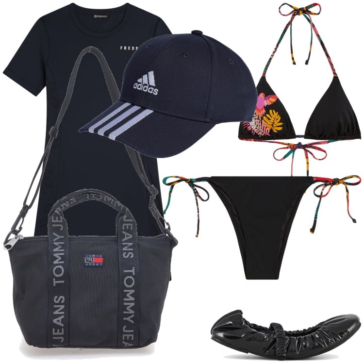 Outfit donna - Finalmente in spiaggia. Stile Basic per Mare. Abbinamento con vestiti midi/longuette, bikini, bikini, ballerine, cappelli con visiera, borse a tracolla.