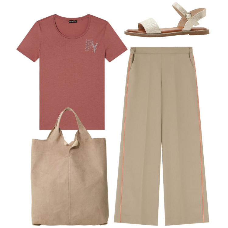 Outfit donna - Minimal. Stile Minimal per Tutti i giorni. Abbinamento con sandali, pantaloni, t-shirt, shopping bag.