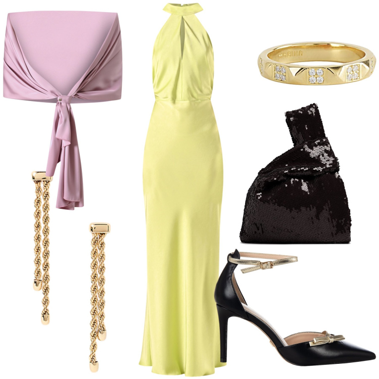 Outfit donna - Finalmente l evento. Stile Glamour per Serata fuori. Abbinamento con anelli, scialli, décolleté, vestiti senza maniche, orecchini, pochette.