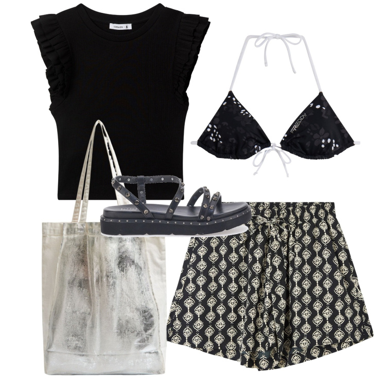 Outfit donna - Mare. Stile Chic per Mare. Abbinamento con shorts, t-shirt, shopping bag, bikini, sandali.