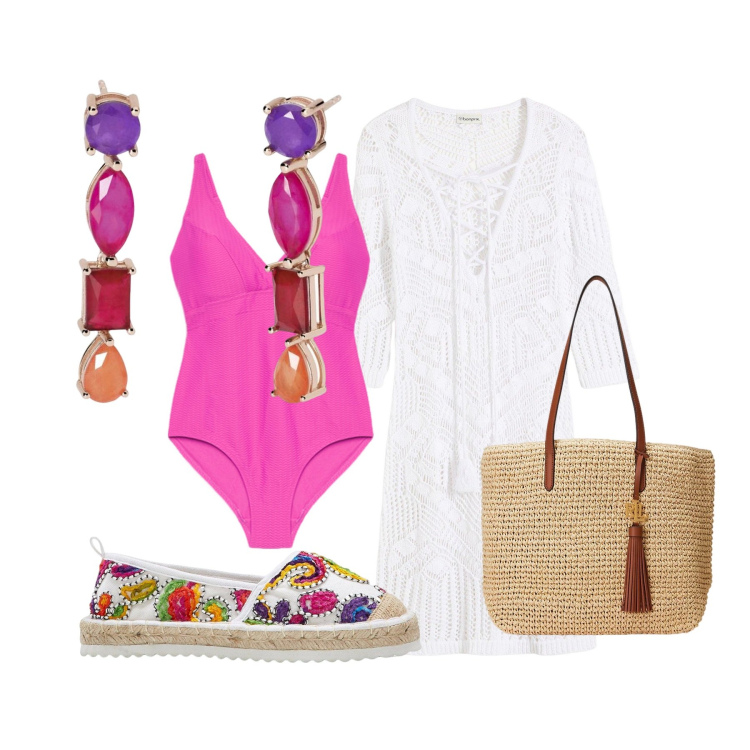 Outfit donna - Mille colori al mare. Stile Etnico per Mare. Abbinamento con vestiti da spiaggia, espadrillas, orecchini, borse tote, costumi interi.