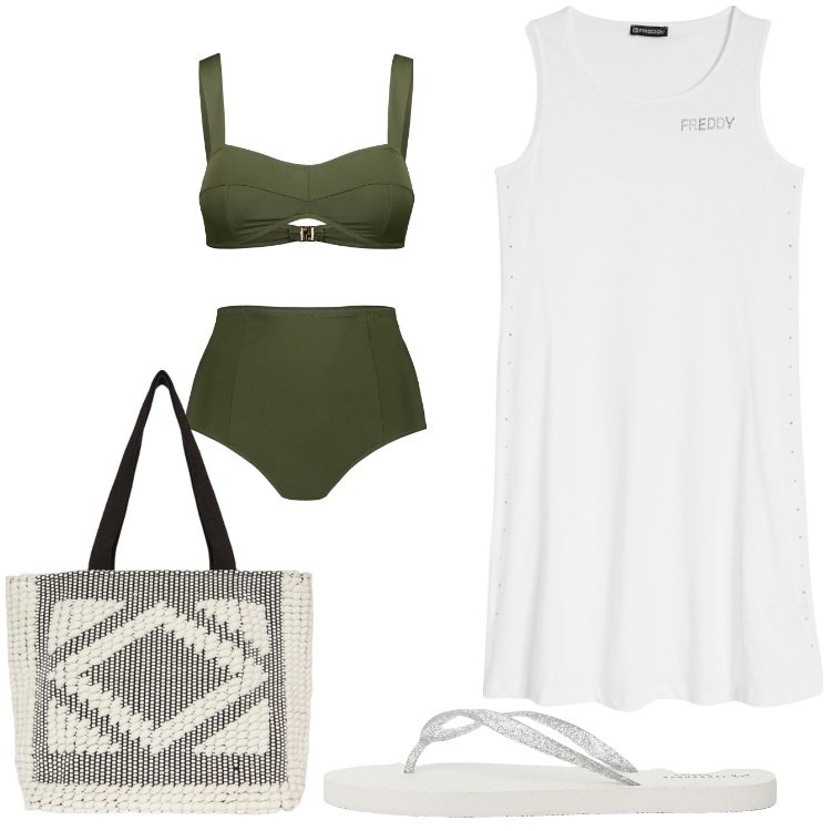 Outfit donna - In spiaggia. Stile Casual per Mare. Abbinamento con infradito, vestiti senza maniche, bikini, shopping bag.