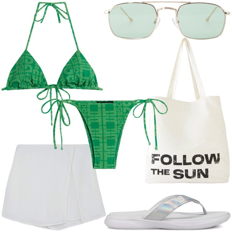 Outfit donna - Follow the sun. Stile Casual per Mare. Abbinamento con shopping bag, minigonne, infradito, occhiali da sole, bikini, bikini.