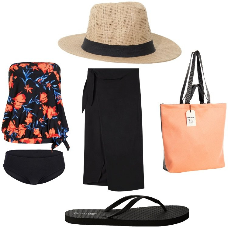 Outfit donna - Diva. Stile Casual per Mare. Abbinamento con costumi interi, gonne lunghe, infradito, borse tote, cappelli.