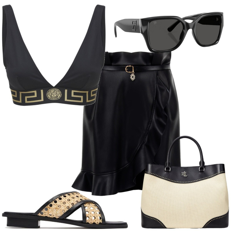 Outfit donna - Total look #2199721. Stile Sexy per Mare. Abbinamento con minigonne, occhiali da sole, borse a mano, bikini, sandali in pelle.