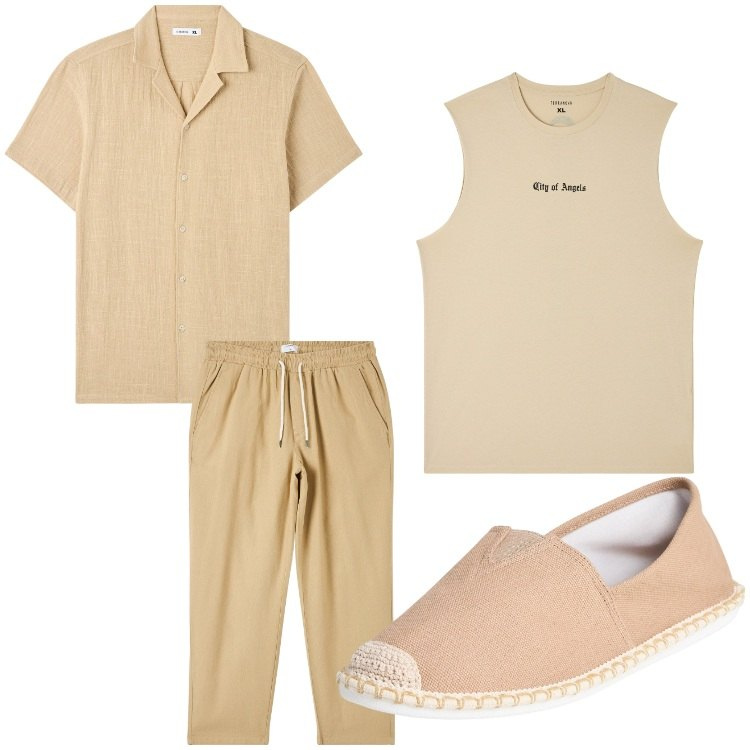 Outfit uomo - Beige summer. Stile Casual per Serata speciale. Abbinamento con pantaloni, espadrillas, canottiere, camicie a manica corta.