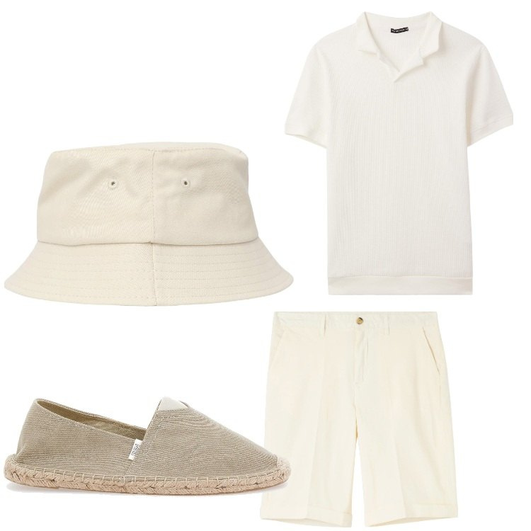 Outfit uomo - Bianco beach. Stile Casual per Serata speciale. Abbinamento con polo, bermuda, cappelli, espadrillas.