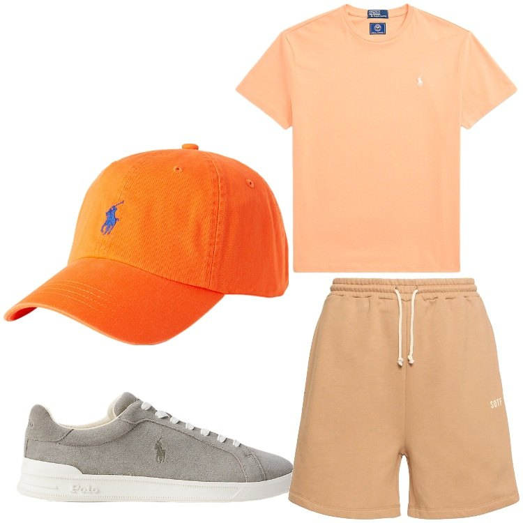 Outfit uomo - Arancio. Stile Casual per Tutti i giorni. Abbinamento con cappelli, t-shirt, sneakers, shorts.