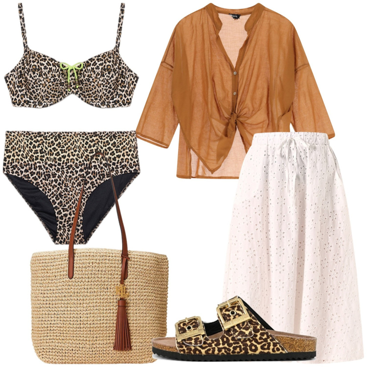 Outfit donna - Grintosa. Stile Etnico per Mare. Abbinamento con gonne longuette, camicie, borse tote, bikini, sandali in pelle.