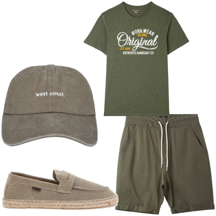 Outfit uomo - The original. Stile Casual per Tutti i giorni. Abbinamento con pantaloni corti, t-shirt, cappelli, espadrillas.