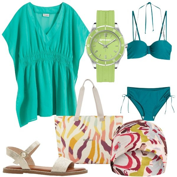 Outfit donna - In costume con carattere. Stile Casual chic per Mare. Abbinamento con bikini, vestiti da spiaggia, sandali, sciarpe, shopping bag, orologi.