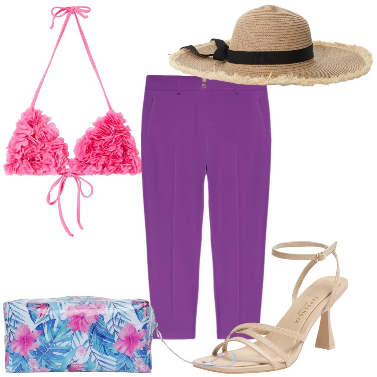Outfit donna - Total look #2199737. Stile Trendy per Mare. Abbinamento con bikini, pochette, sandali col tacco, cappelli, pantaloni chino.