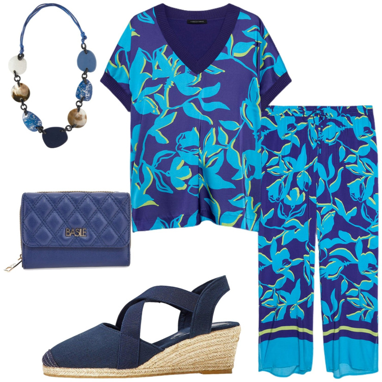 Outfit donna - Total look #2199738. Stile Casual per Tutti i giorni. Abbinamento con sandali col tacco, pantaloni a palazzo, portafogli, bluse, collane.