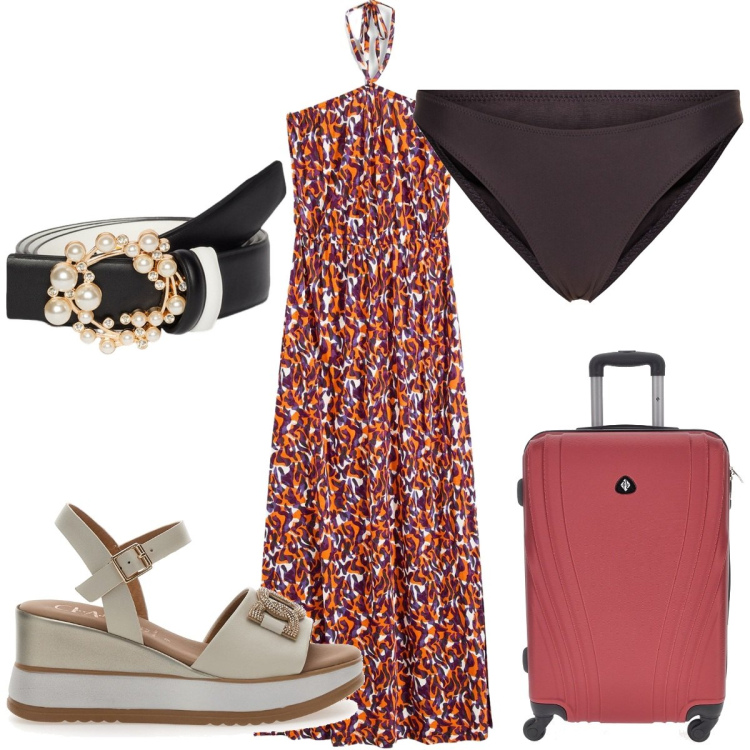 Outfit donna - Total look #2199741. Stile Trendy per Mare. Abbinamento con vestiti da spiaggia, sandali in pelle, cinture, valigie, bikini.