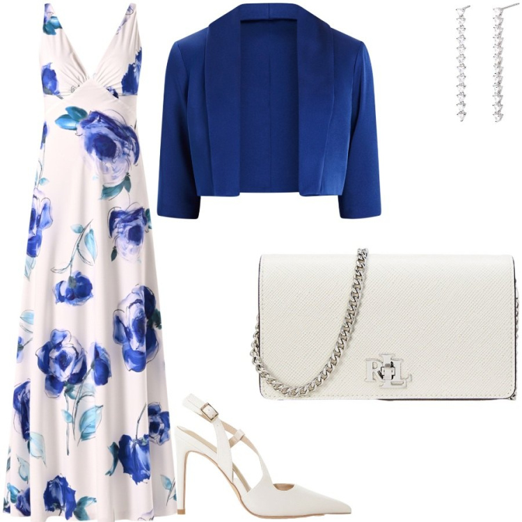 Outfit donna - Matrimonio di Luglio. Stile Romantica per Cerimonia. Abbinamento con décolleté, orecchini, vestiti lunghi, bolero, borse a tracolla.