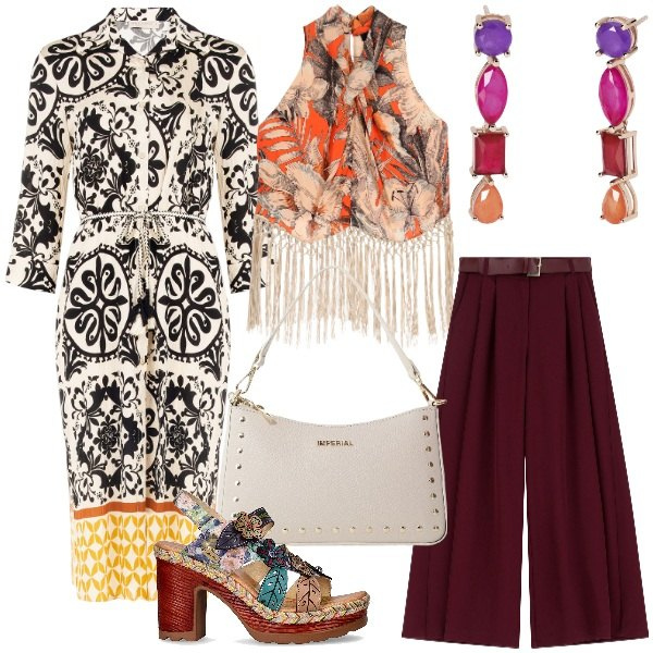 Outfit donna - Viaggio in Turchia. Stile Glamour per Tutti i giorni. Abbinamento con pantaloni a palazzo, borse a spalla, top, orecchini, vestiti chemisier, sandali col tacco.