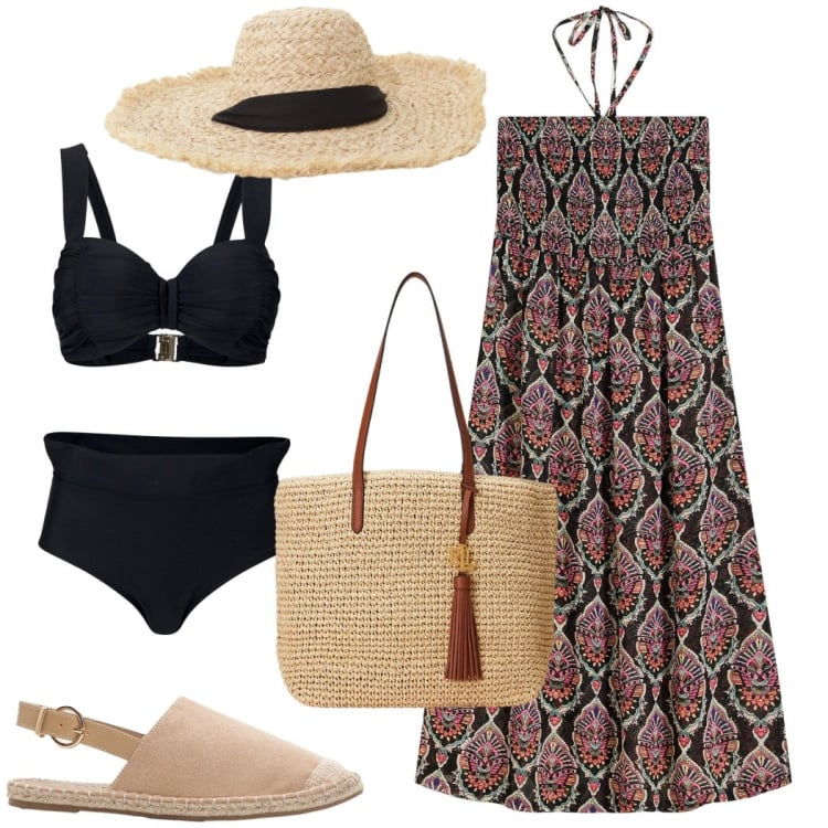 Outfit donna - In spiaggia e fuori. Stile Boho per Mare. Abbinamento con vestiti da spiaggia, bikini, espadrillas, cappelli, borse tote.