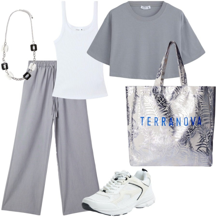 Outfit donna - Outfit Terranova. Stile Casual per Tutti i giorni. Abbinamento con pantaloni, canottiere, borse tote, t-shirt, sneakers, collane.