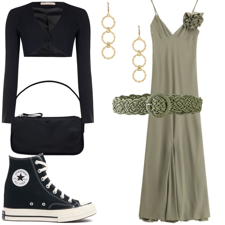 Outfit donna - Total look #2199780. Stile Sporty chic per Tutti i giorni. Abbinamento con cinture, vestiti lunghi, bolero, pochette, orecchini, sneakers.