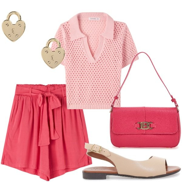 Outfit donna - Outifit di luglio. Stile Casual per Tutti i giorni. Abbinamento con polo, shorts, orecchini, borse a spalla, sandali in pelle.