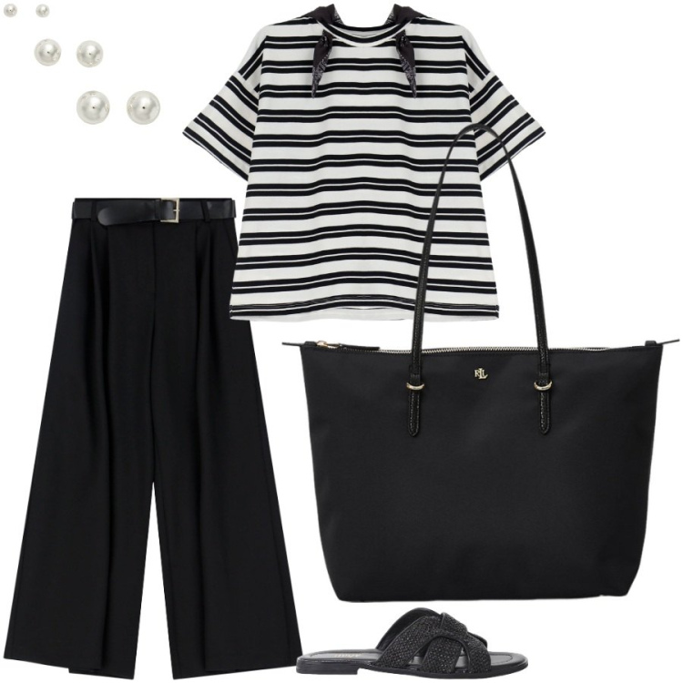 Outfit donna - Minimal in ufficio. Stile Minimal per Ufficio. Abbinamento con pantaloni a palazzo, t-shirt, sandali, borse tote, orecchini.