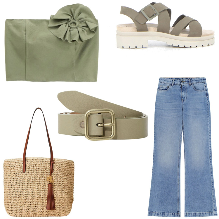 Outfit donna - Il top cool. Stile Casual chic per Tutti i giorni. Abbinamento con jeans, top, cinture, borse tote, sandali.