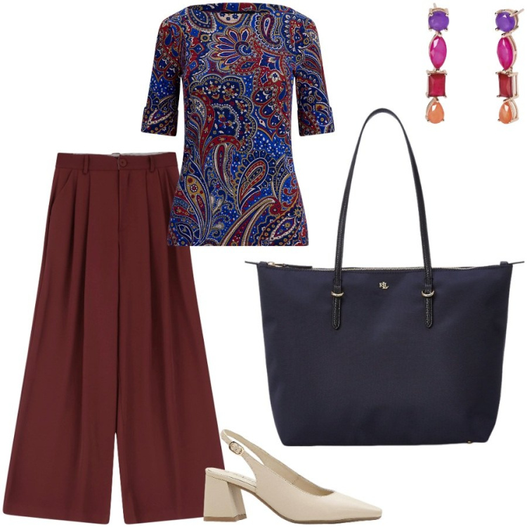 Outfit donna - Lavoro... lavoro. Stile Chic per Ufficio. Abbinamento con décolleté, orecchini, pantaloni, borse tote, t-shirt.