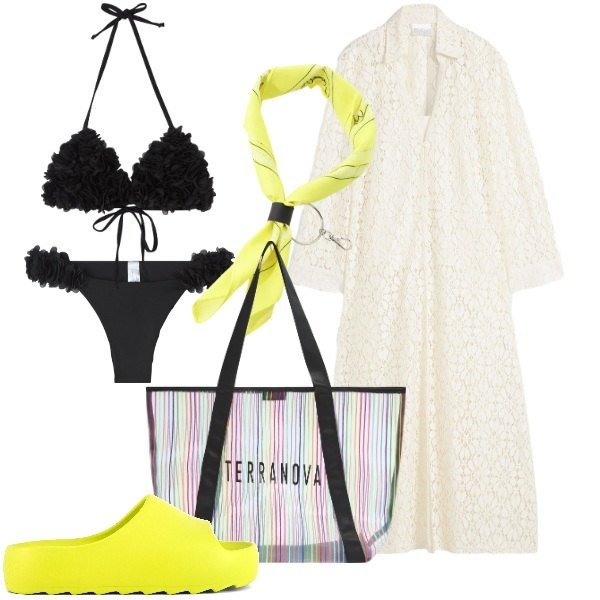 Outfit donna - in costume, con carattere. Stile Chic per Mare. Abbinamento con vestiti chemisier, bikini, bikini, shopping bag, foulard, ciabatte.