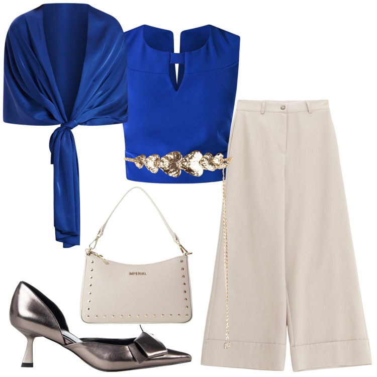 Outfit donna - Total look #2199819. Stile Casual chic per Cerimonia. Abbinamento con décolleté, cinture, stole, top, borse a spalla, pantaloni a palazzo.