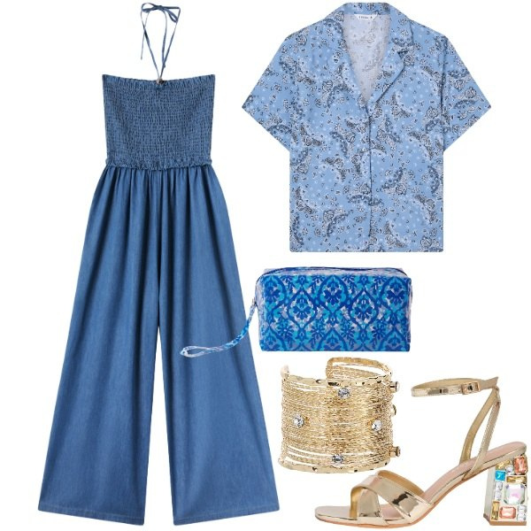 Outfit donna - Jumpsuit a luglio!. Stile Trendy per Serata fuori. Abbinamento con tute, camicie a manica corta, sandali gioiello, pochette, braccialetti.