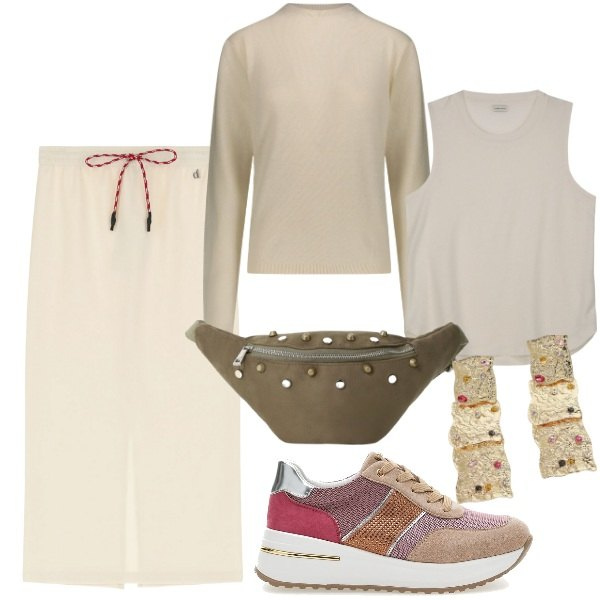 Outfit donna - Acquisti adesso indossi a settembre. Stile Basic per Tutti i giorni. Abbinamento con marsupi, gonne longuette, orecchini, scarpe stringate, pullovers, top.