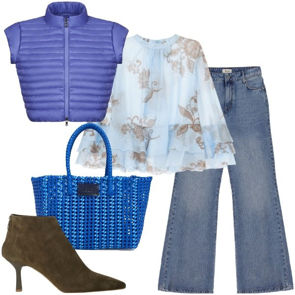 Outfit donna - Un mix autunno estate. Stile Chic per Tutti i giorni. Abbinamento con camicie, jeans, stivaletti, blazer, shopping bag.