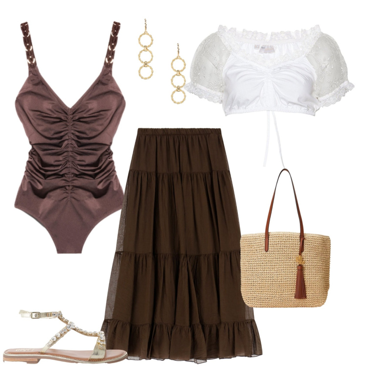 Outfit donna - Total look #2199858. Stile Boho per Mare. Abbinamento con camicie, gonne lunghe, sandali, borse tote, orecchini, costumi interi.