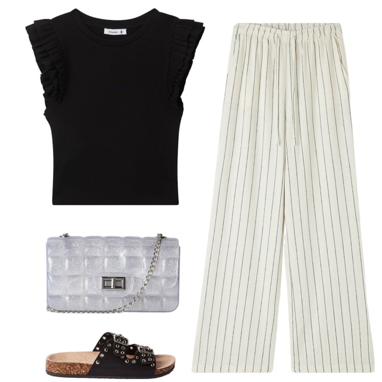 Outfit donna - I pantaloni gessati. Stile Casual per Tutti i giorni. Abbinamento con pantaloni, t-shirt, borse a tracolla, ciabatte.