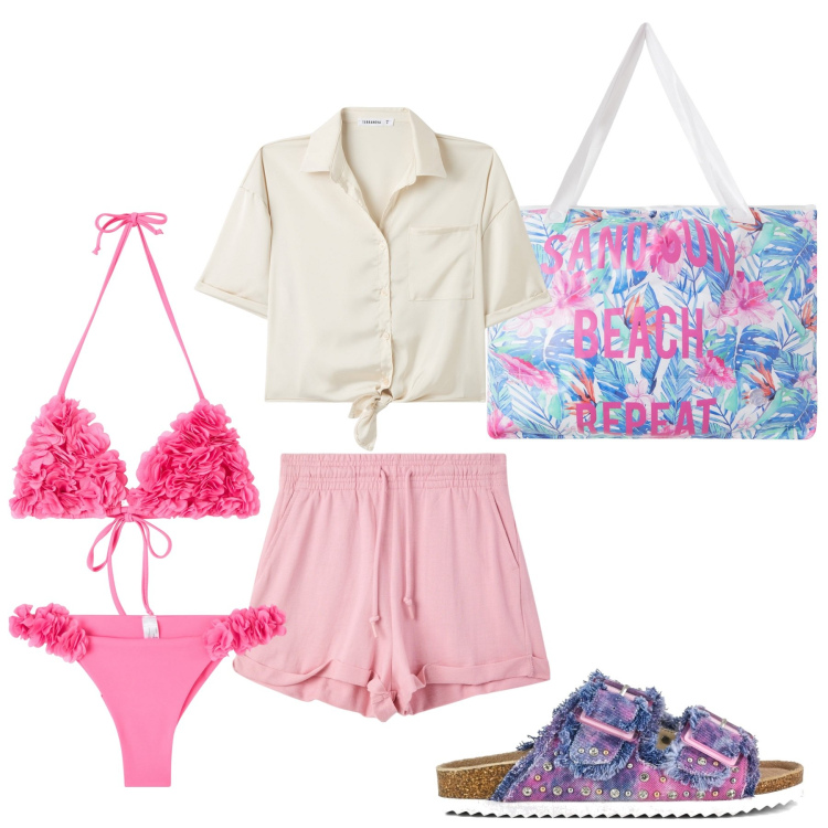 Outfit donna - Sfumature. Stile Trendy per Mare. Abbinamento con borse tote, camicie a manica corta, shorts, bikini, bikini, sandali.
