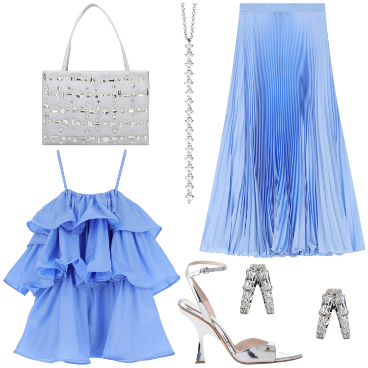 Outfit donna - Eterea. Stile Chic per Cerimonia. Abbinamento con ciondoli, gonne lunghe, vestiti corti, décolleté, orecchini, borse a spalla.