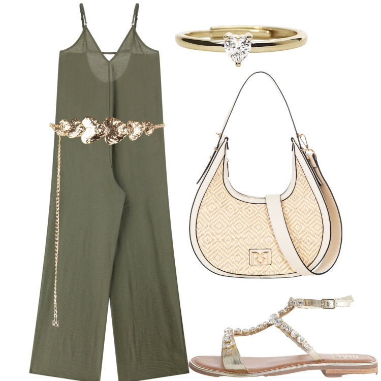 Outfit donna - Tuta verde. Stile Etnico per Serata fuori. Abbinamento con anelli, cinture, borse a mano, tute, sandali.