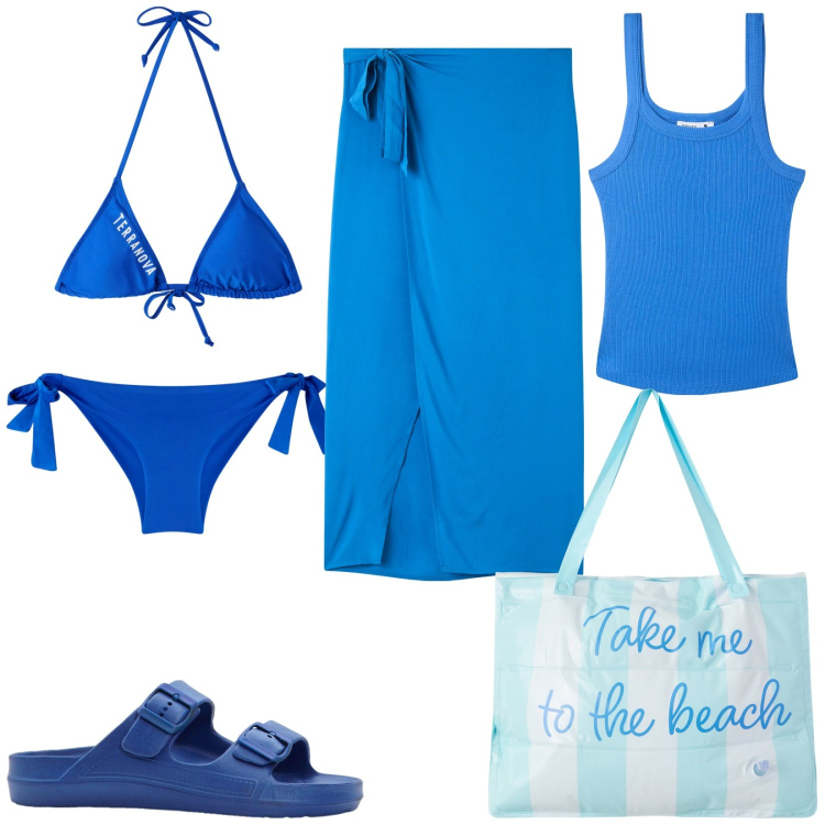 Outfit donna - In costume con carattere. Stile Basic per Mare. Abbinamento con ciabatte, vestiti da spiaggia, borse tote, bikini, bikini, canottiere.