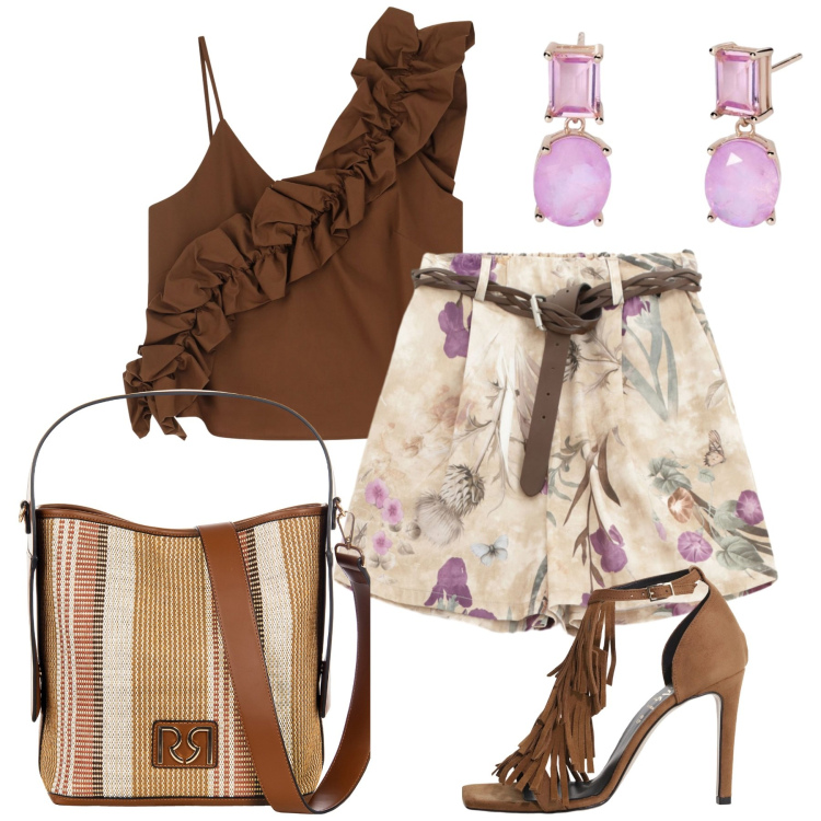 Outfit donna - Shorts e top. Stile Glamour per Tutti i giorni. Abbinamento con top, shorts, décolleté, orecchini, borse a secchiello.