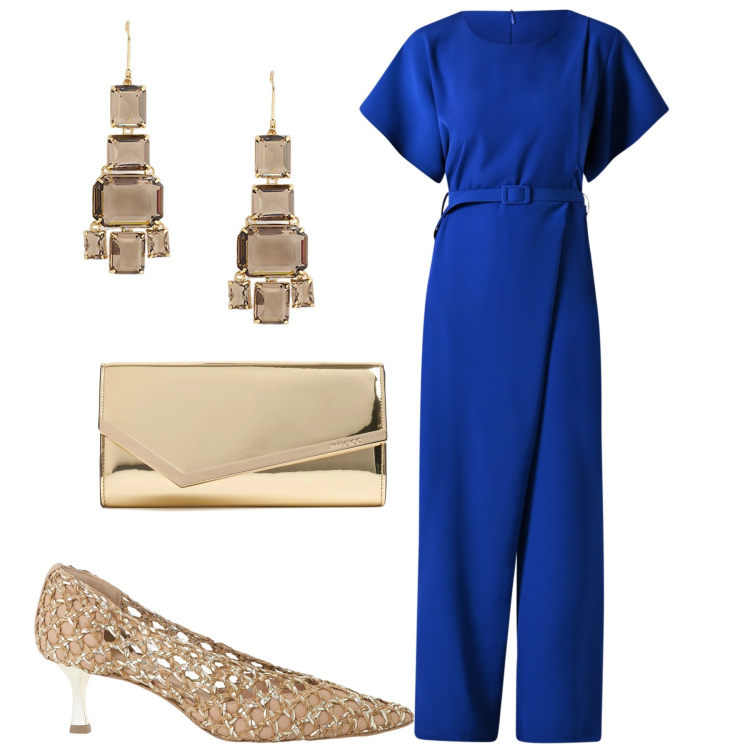 Outfit donna - La mamma dello sposo. Stile Chic per Cerimonia. Abbinamento con tute, décolleté, orecchini, pochette.