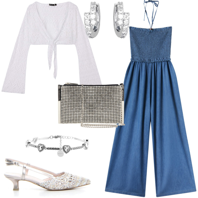 Outfit donna - Total look #2199893. Stile Glamour per Serata fuori. Abbinamento con tute, bolero, orecchini, pochette, braccialetti, sandali col tacco.