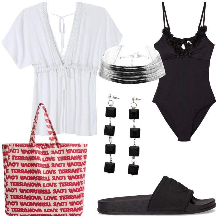 Outfit donna - Viaggio in Turchia. Stile Trendy per Mare. Abbinamento con caftani, borse tote, costumi interi, braccialetti, orecchini, ciabatte.