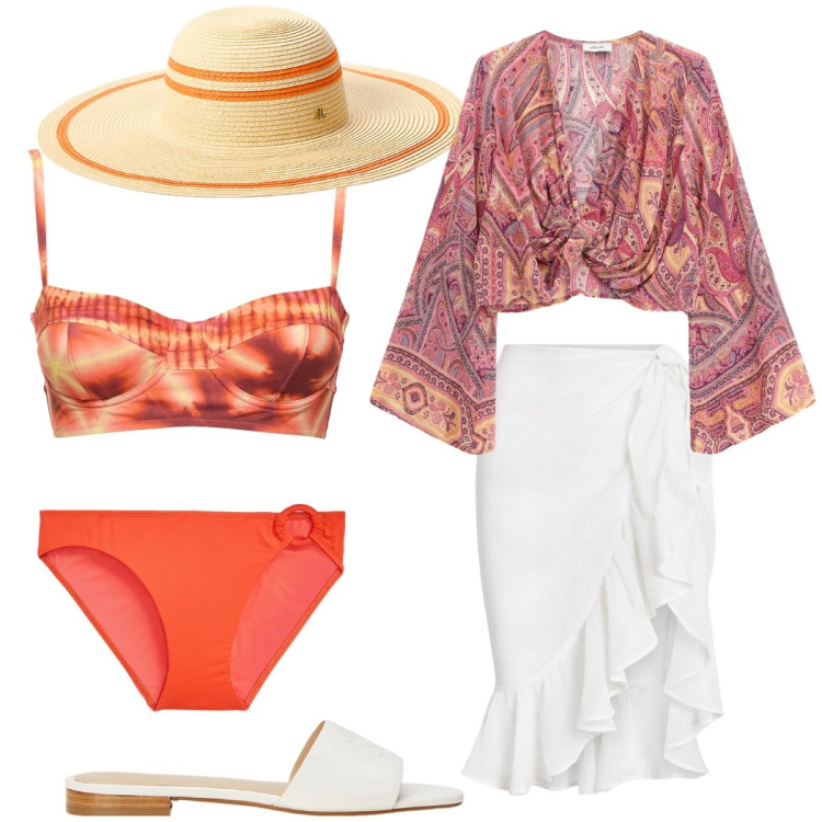 Outfit donna - Colore per esaltare l\'abbronzatura. Stile Etnico per Mare. Abbinamento con top, ciabatte, cappelli, vestiti da spiaggia, bikini, bikini.