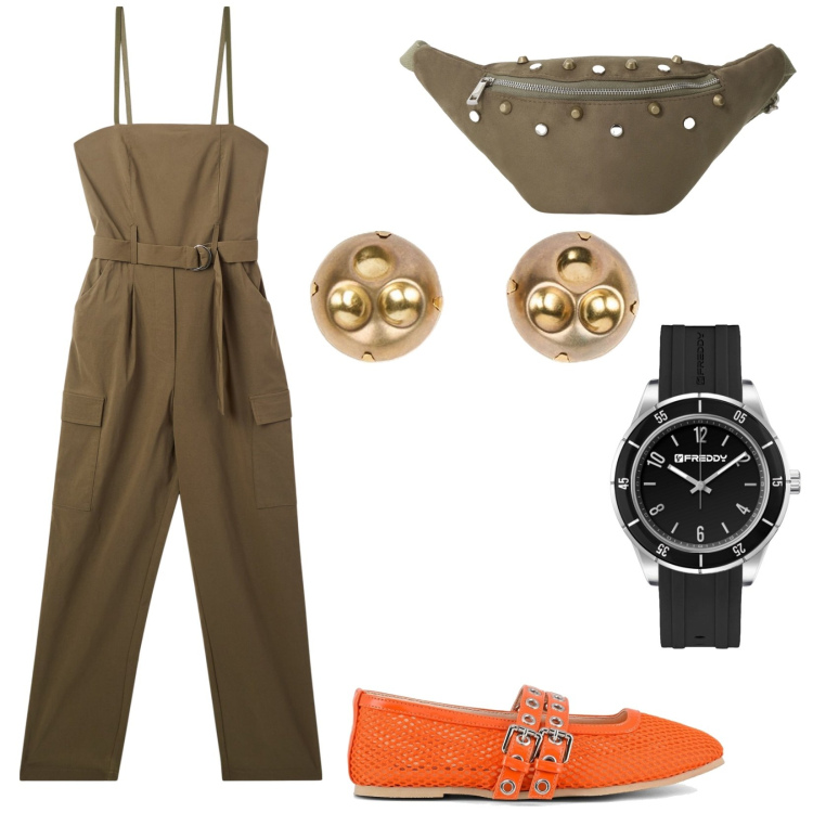 Outfit donna - Jumpsuit a luglio. Stile Minimal per Tutti i giorni. Abbinamento con tute, orologi, marsupi, ballerine, orecchini.