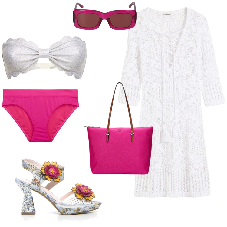 Outfit donna - Total look #2199905. Stile Boho per Mare. Abbinamento con vestiti da spiaggia, borse tote, bikini, occhiali da sole, bikini, sandali col tacco.