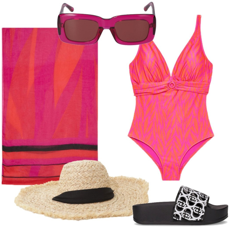 Outfit donna - Colore in spiaggia. Stile Chic per Mare. Abbinamento con cappelli, bikini, ciabatte, occhiali da sole, vestiti da spiaggia.