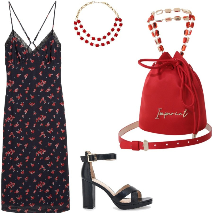 Outfit donna - Una pizza in compagnia. Stile Romantica per Serata fuori. Abbinamento con vestiti midi/longuette, borse a secchiello, collane, sandali col tacco.