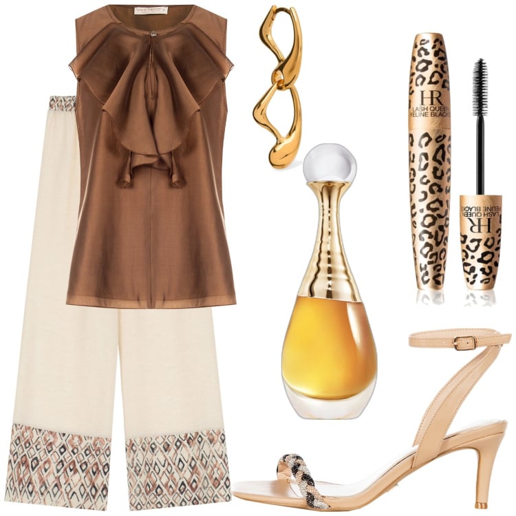 Outfit donna - Beige. Stile Bon Ton per Tutti i giorni. Abbinamento con profumi, mascara, bluse, sandali in pelle, pantaloni, orecchini.